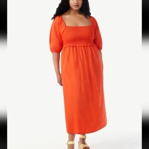 Free Assembly Dress Small Orange Smocked Puff Sleeve Organic Cotton Cottagecore